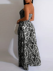 Print Shirred Wide Leg Jumpsuit Off Shoulder Sleeveless Jumpsuit