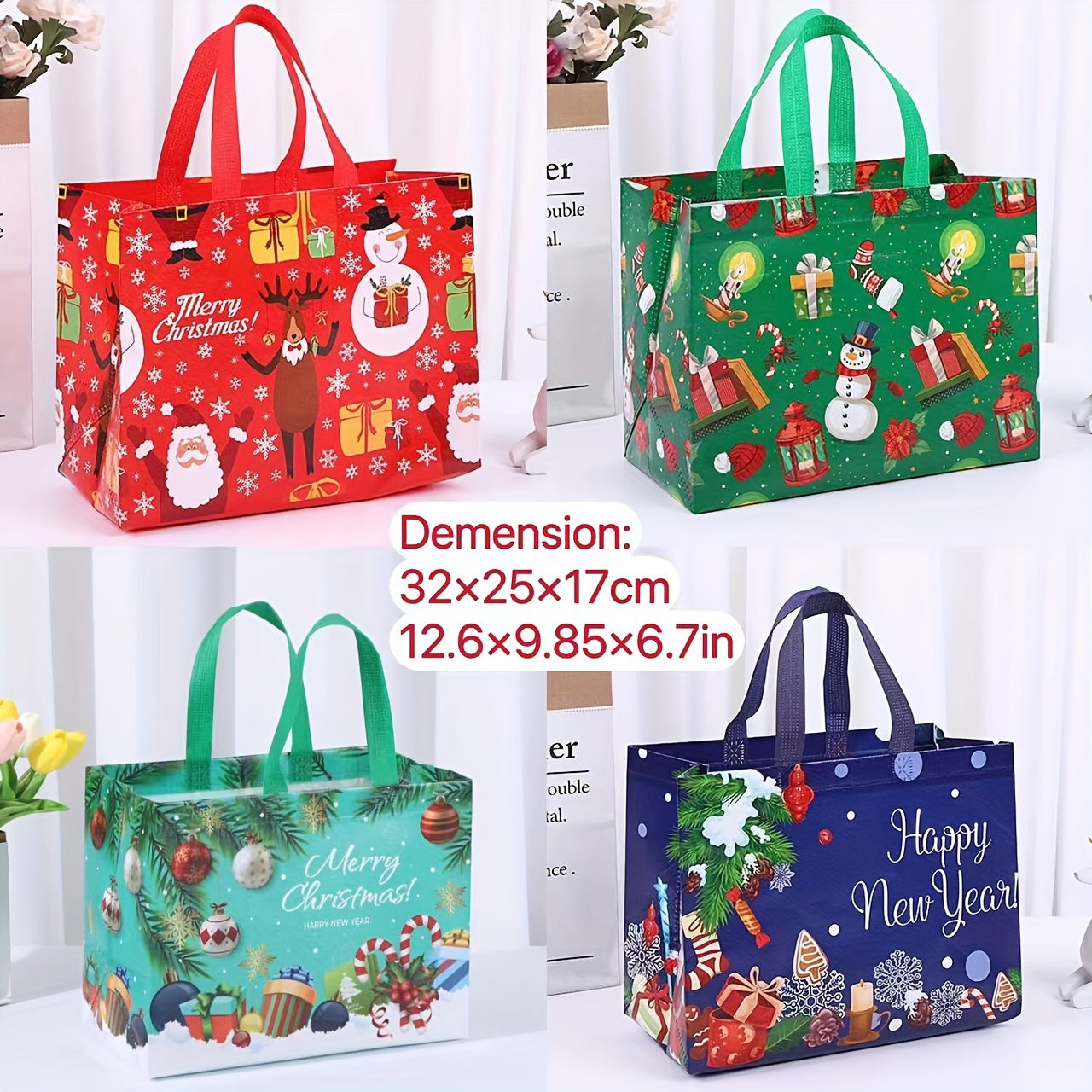 11pcs Christmas Tote Gift Bags Handles Reusable Non woven