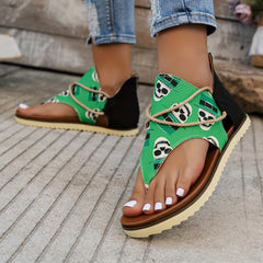 Women's Skull Pattern Thong Sandals Back Zipper Open Toe Retro Roman Flip flops