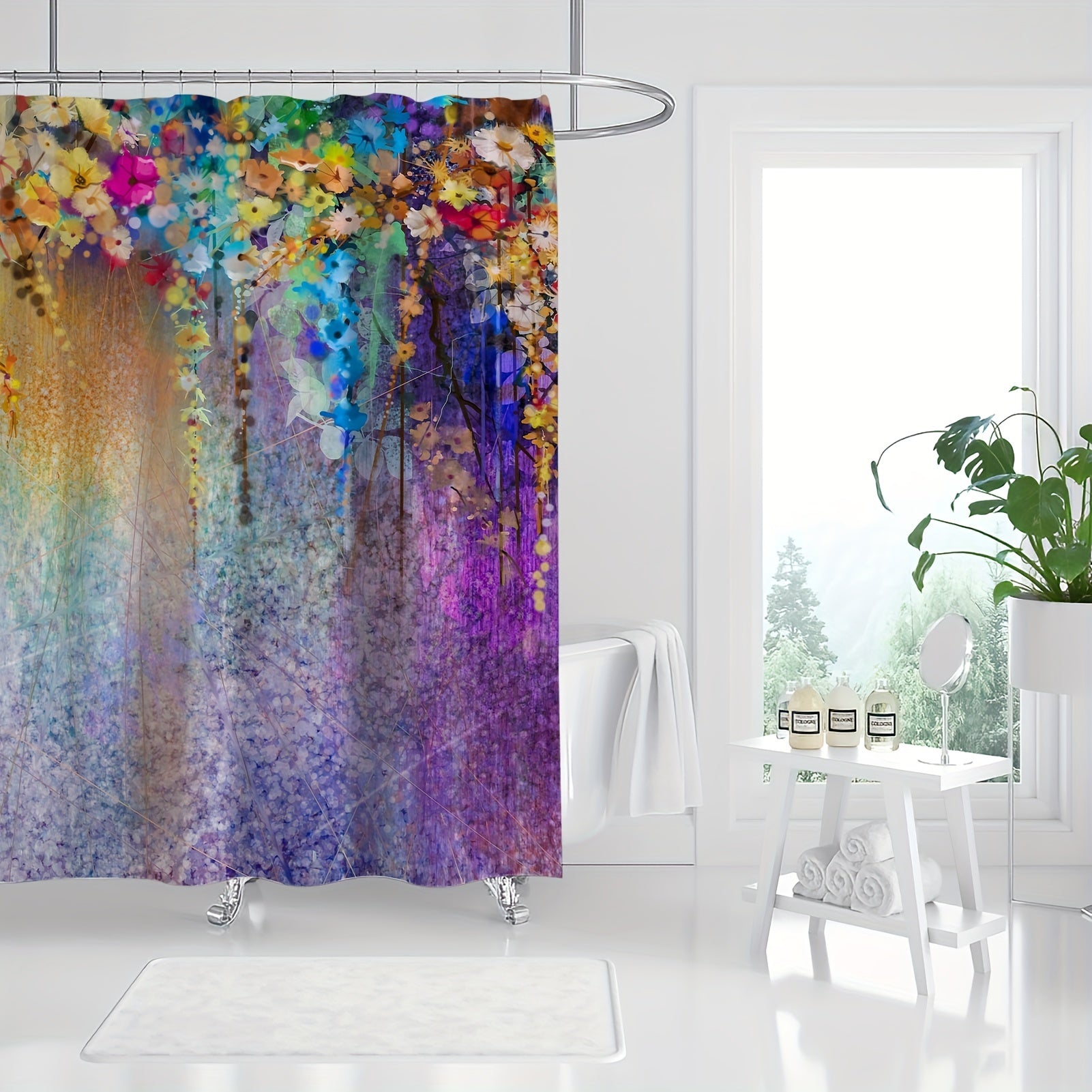 Colorful Floral Shower Curtain Waterproof Fabric Bath Curtain