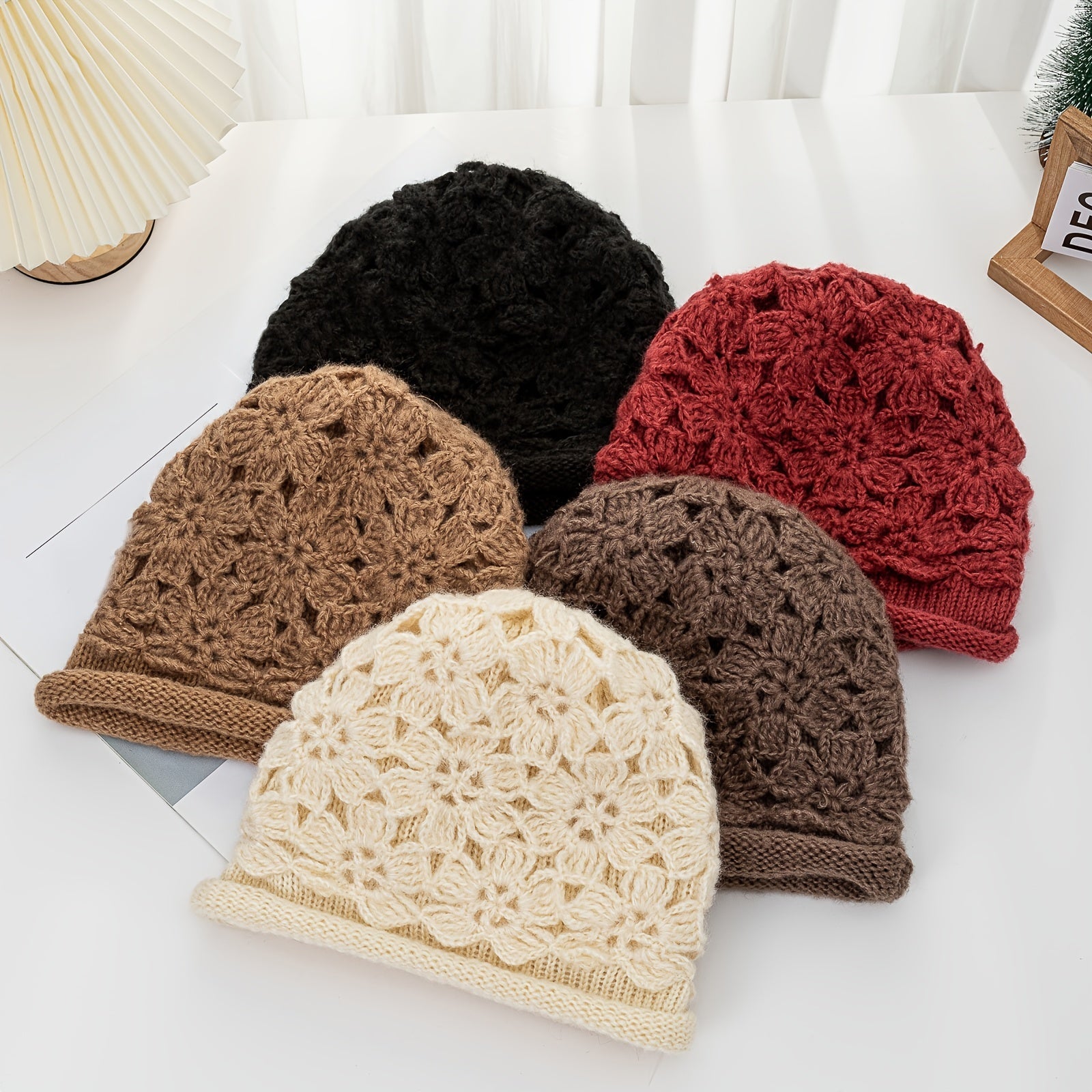 Women's Crochet Beanie Hat Warm Pullover Hat Soft Flower Double Layer Knitted
