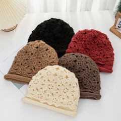Women's Crochet Beanie Hat Warm Pullover Hat Soft Flower Double Layer Knitted