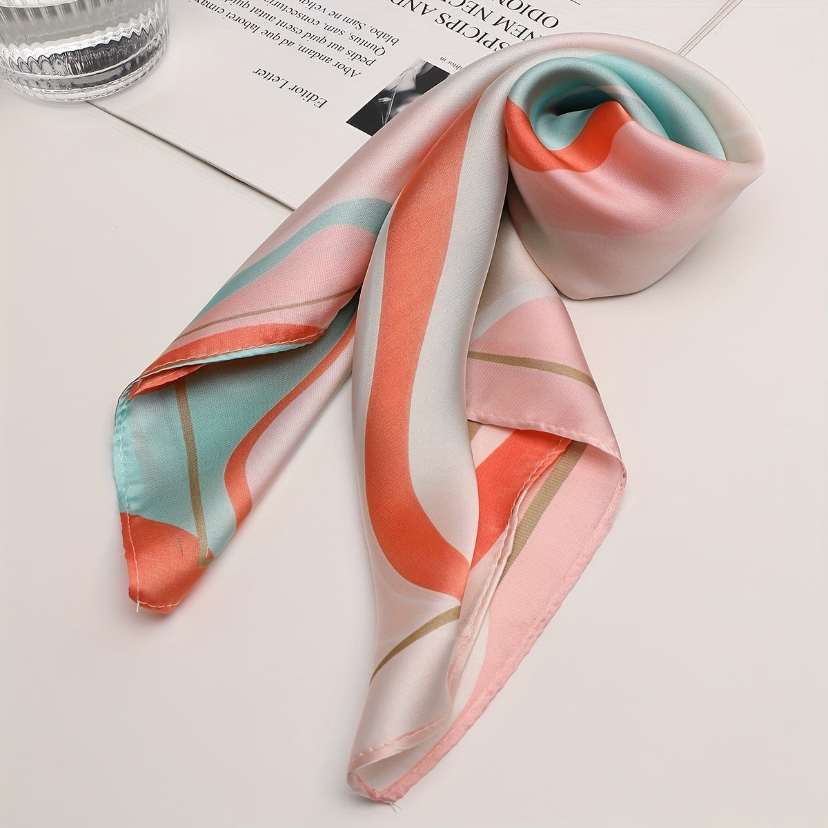 Wavy Block Bandana Satin Neckerchief Neck Tie Square Scarf Women