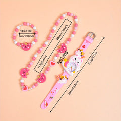 Cat Silicone Strap Quartz Watch with Wooden Necklace and Bracelet Set