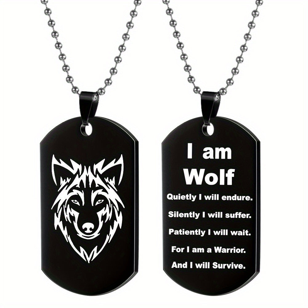 Stainless Steel Wolf Pendant Necklace for Boys 'I Am Wolf' with Chain