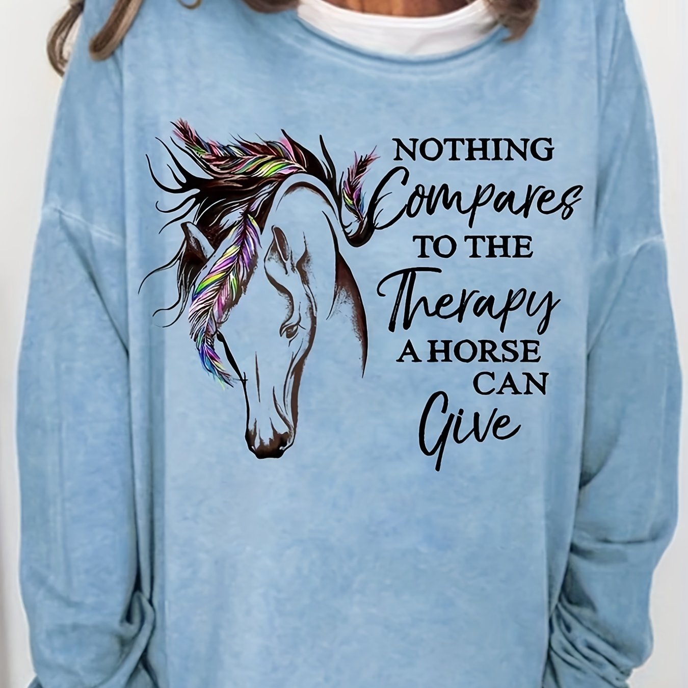 Horse Print Sweatshirt Long Sleeve Crew Neck Casual Fall Spring Women's Clothing