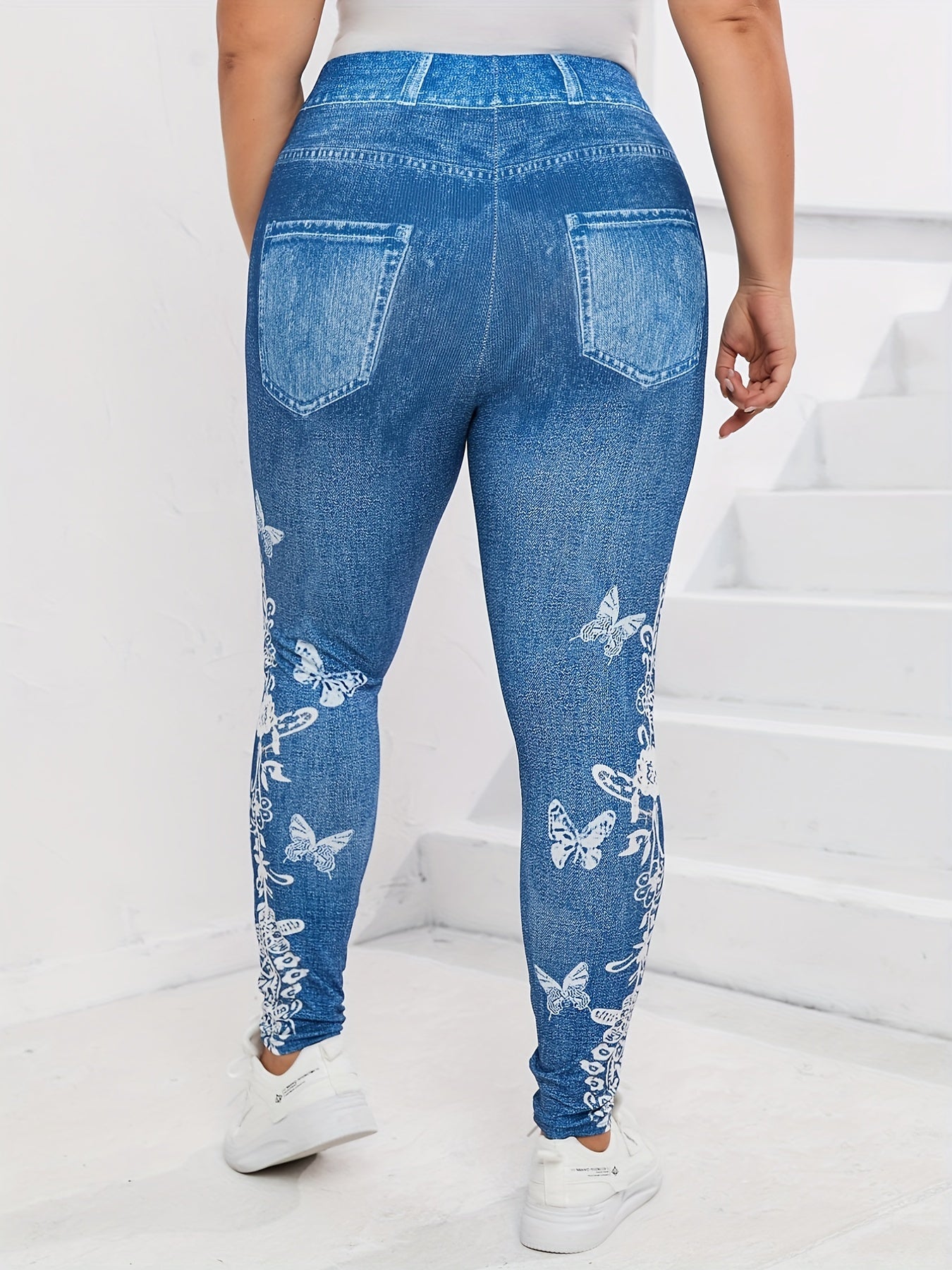 Butterfly & Denim Print High Stretch Leggings