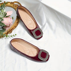 Women's Rhinestone Buckle Flats Square Toe Slip On Shoes