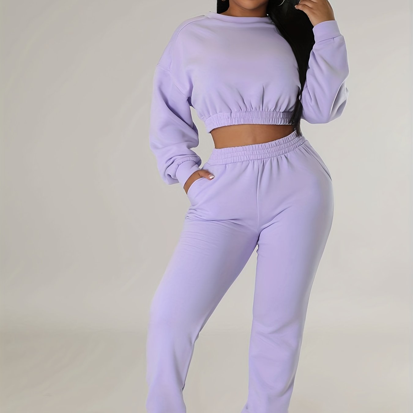 Casual Two Piece Set Crew Neck Long Sleeve Tops & Jogger Pants Outfit