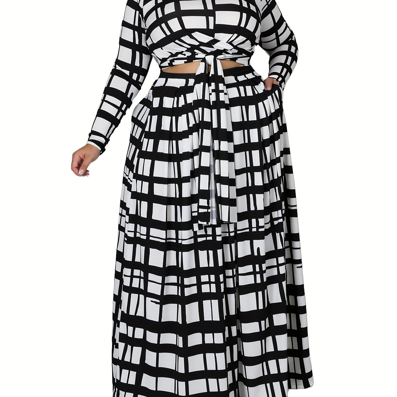 Plaid Print Long Sleeve Crop Top & Skirt Set