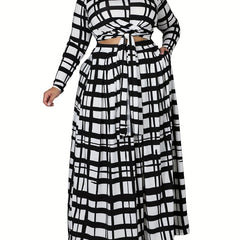 Plaid Print Long Sleeve Crop Top & Skirt Set