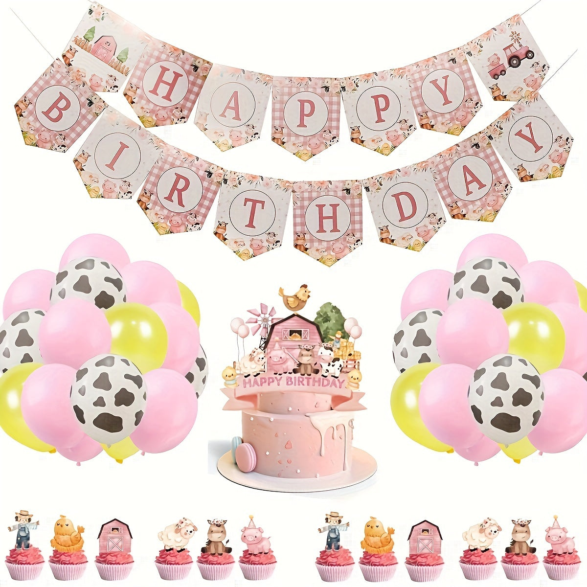 Pink Farm Birthday Theme Party Balloons & Cow Pull Flag Banner Set