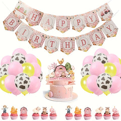 Pink Farm Birthday Theme Party Balloons & Cow Pull Flag Banner Set