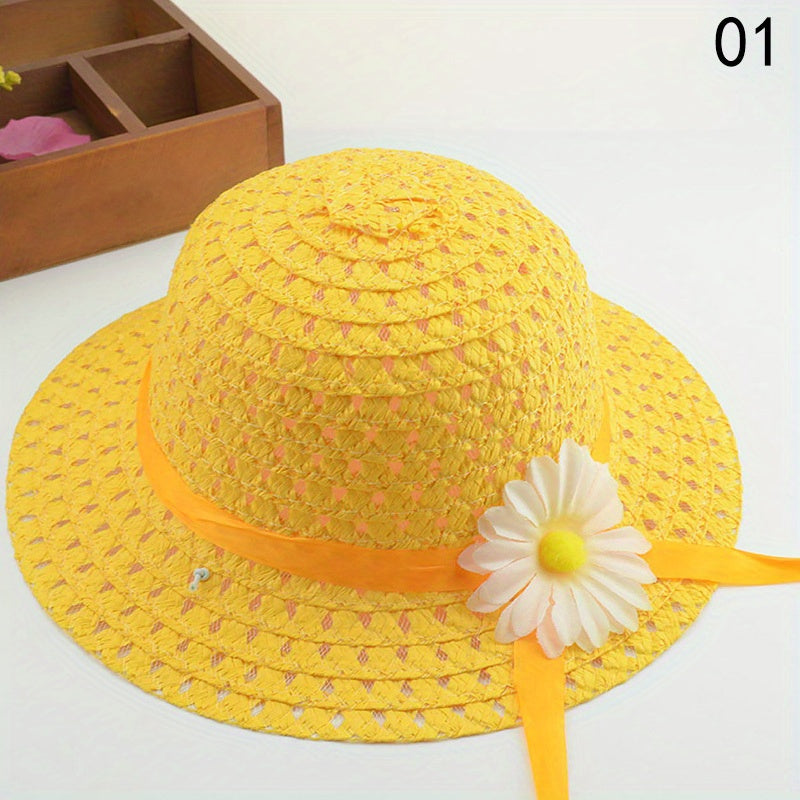 Girls Floral Straw Sun Hat Lightweight Sunscreen Breathable Cap for Kids