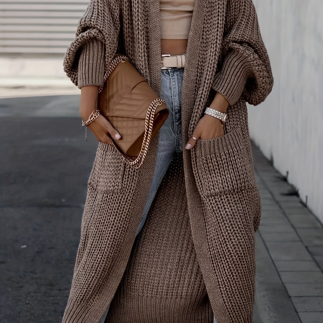 Open Front Pocket Cardigan Long Sleeve Sweater for Fall & Winter