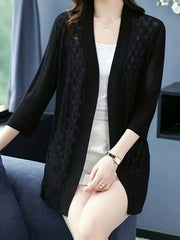 Plus Size Casual Cardigan Women's Plus Solid Hollow Out Half Sleeve Open Front
