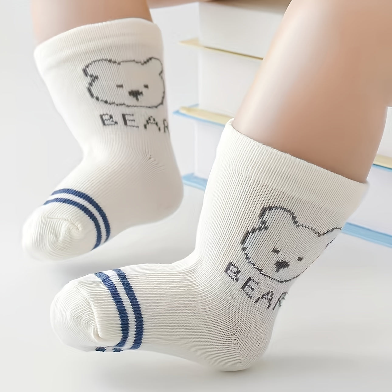 5 Pairs Kids Bear Pattern Striped Knitted Crew Socks