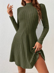 Solid Ribbed Dress Casual Mock Neck Long Sleeve Dress Women's Clothing