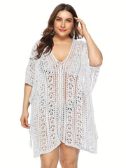 Plus Size Eyelet Embroidery V Neck Tassel Trim Beach Cover Up Dress