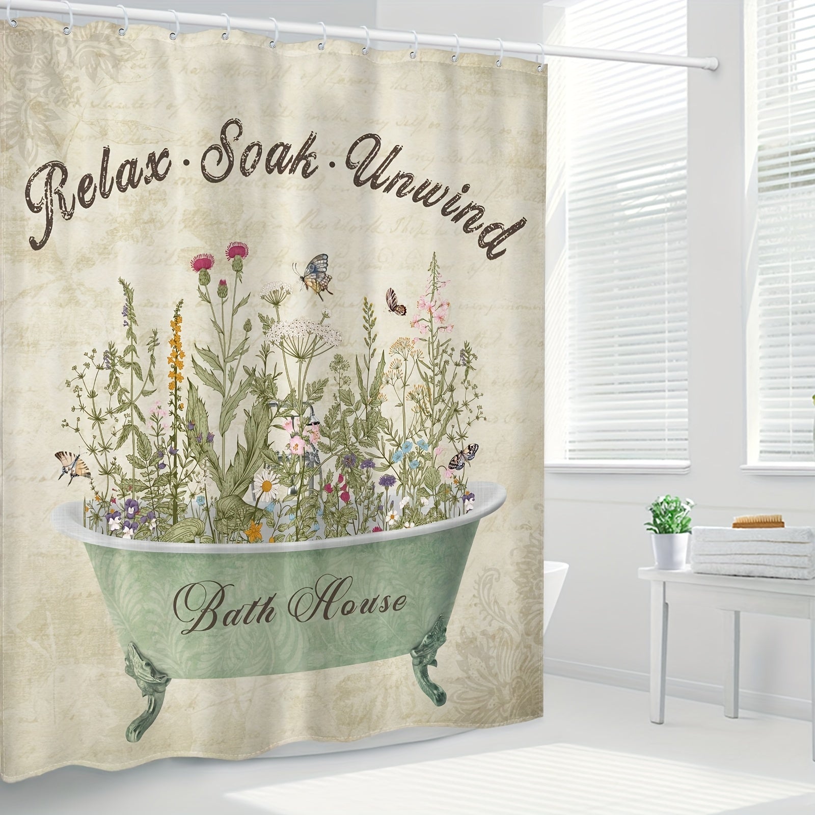 Retro Flower Pattern Shower Curtain 12 Hooks Waterproof Bath Decor