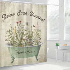 Retro Flower Pattern Shower Curtain 12 Hooks Waterproof Bath Decor