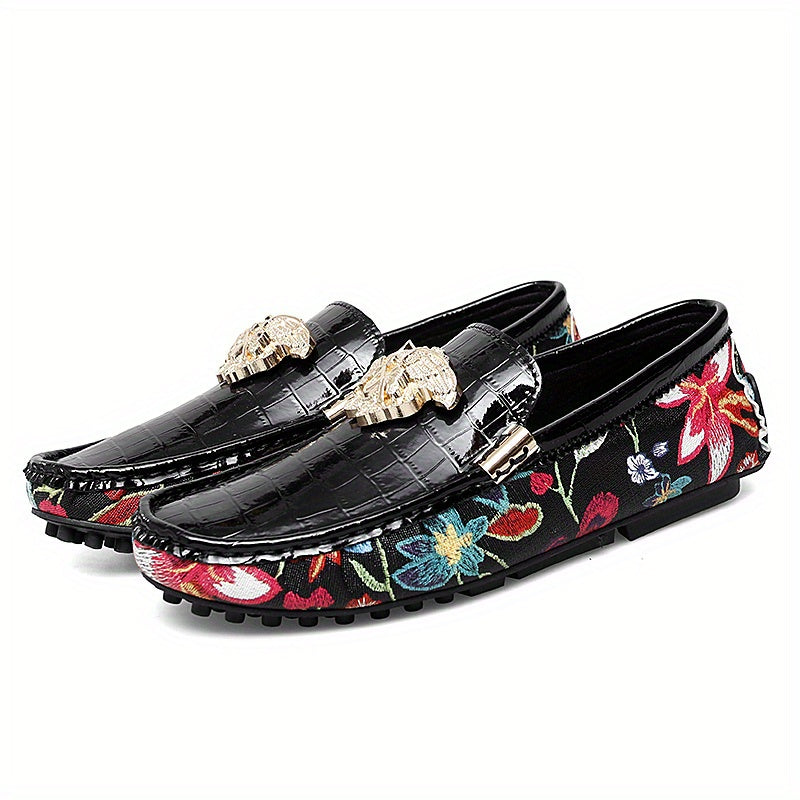 Floral Print Loafers Metal Decor Slip On Shoes Low Top Flat Shoes