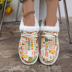 Christmas Reindeer Santa Snowman Print Plush Lined Furry Flat Skate Shoes