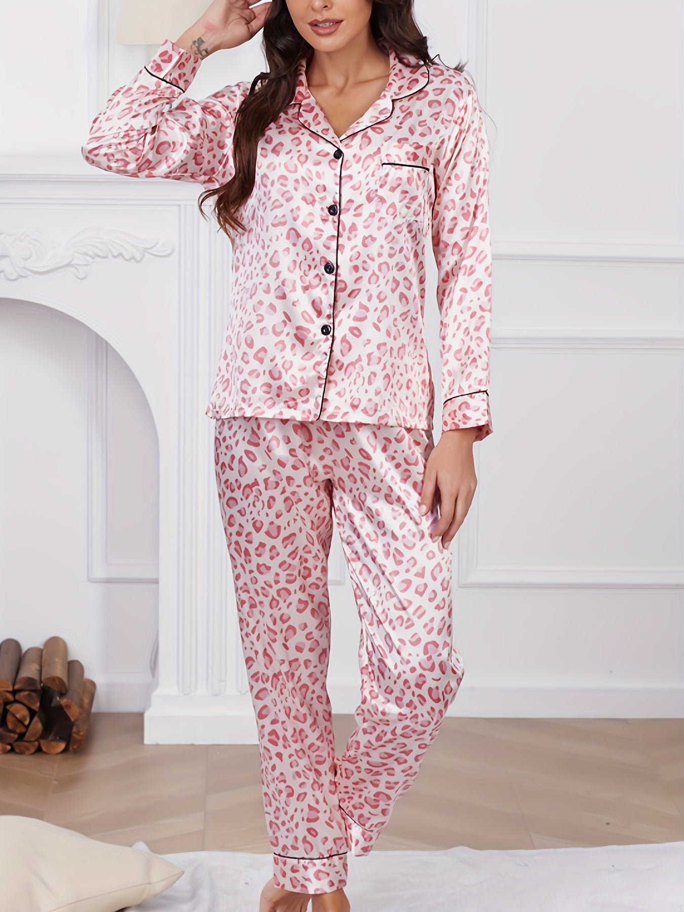 Leopard Print Pajama Set Long Sleeve Top & Pants Women's Sleepwear