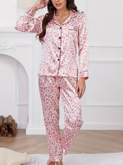 Leopard Print Pajama Set Long Sleeve Top & Pants Women's Sleepwear