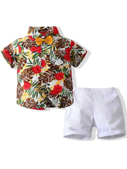 Boys Flower And Leaf Print Casual Outfit Set