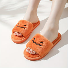 Women's Pumpkin Embroidery Slippers Plush Home Shoes Halloween Slippers