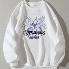 Butterfly Print Crew Neck Sweatshirt for Women