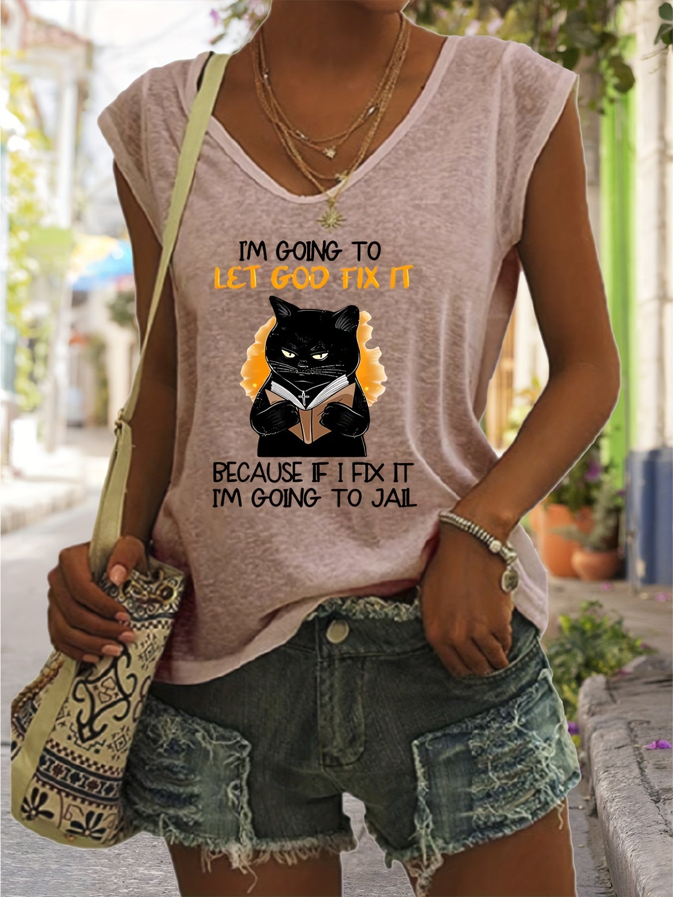 Cartoon Cat Tank Top Sleeveless V Neck Casual Top for Women