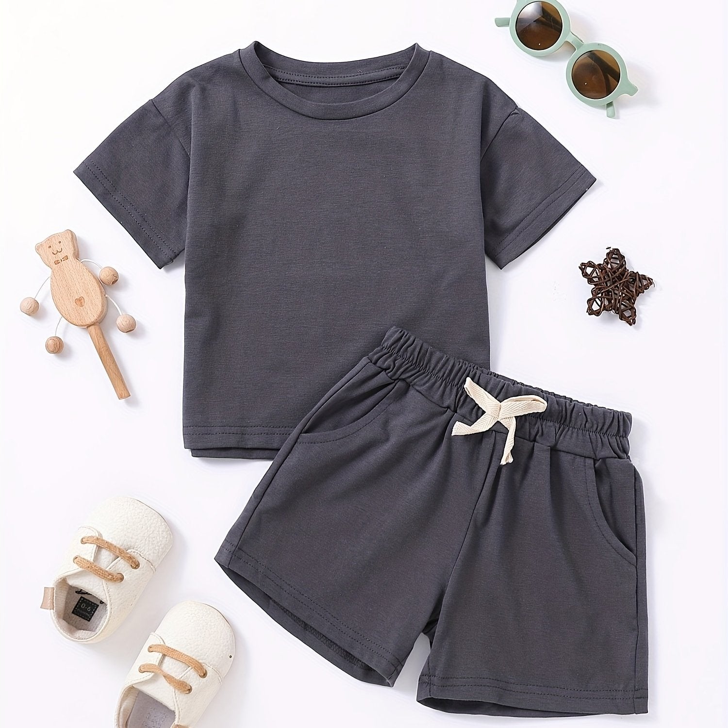 2pcs Boys Cotton T-Shirts & Drawstring Shorts Set Summer Clothes