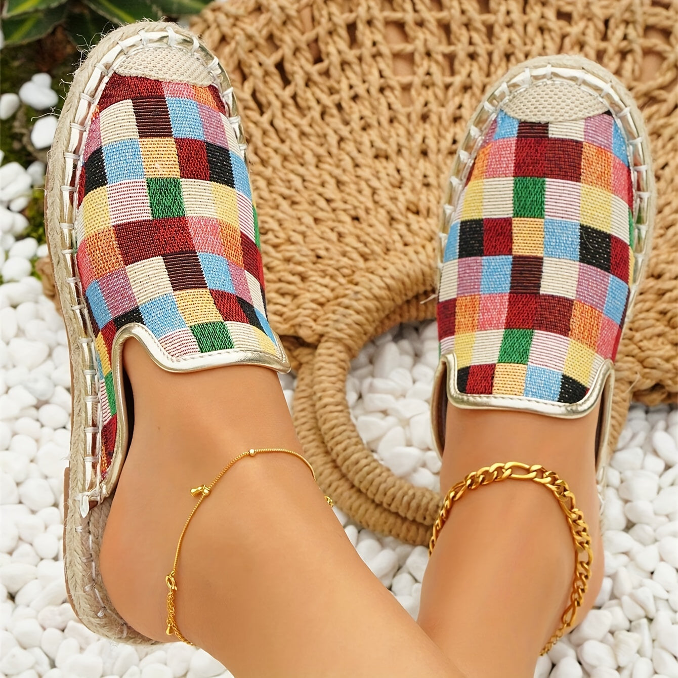 Colorful Plaid Mules Closed Toe Slip On Espadrille Flat Shoes