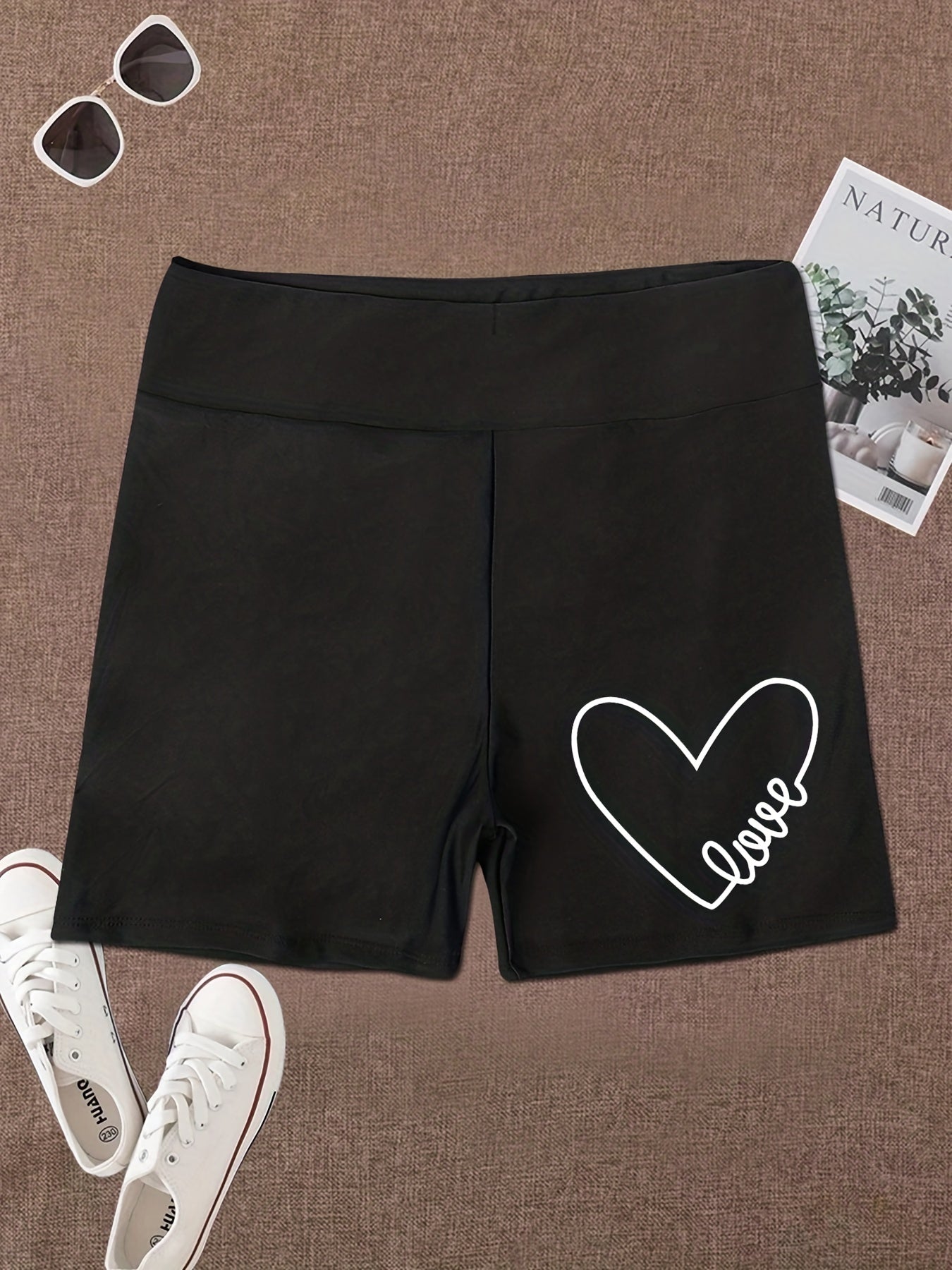 Heart Print Biker Shorts High Waist Sporty Casual Short Leggings
