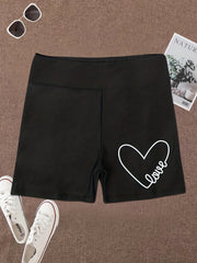 Heart Print Biker Shorts High Waist Sporty Casual Short Leggings