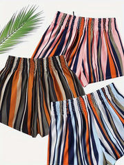 Striped Shorts 3 Pack Shirred Waist Casual Summer Women's Clothing