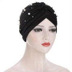 Faux Pearl Decor Turban Solid Beanies Head Scarf Lightweight Elastic Chemo Cap