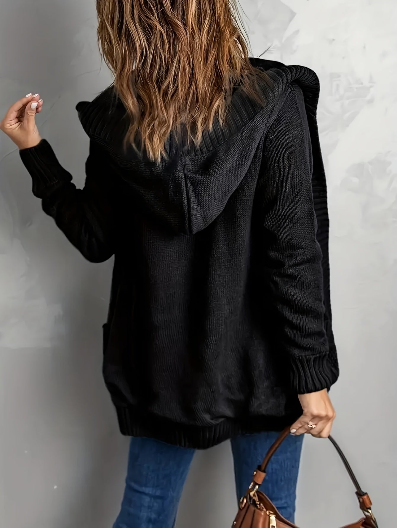 Solid Button Up Cable Long Sleeve Hooded Cardigan With Pockets