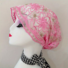 Vintage Embroidery Turban Cap Mesh Lace Head Wrap Elastic Beanie Women Bonnet