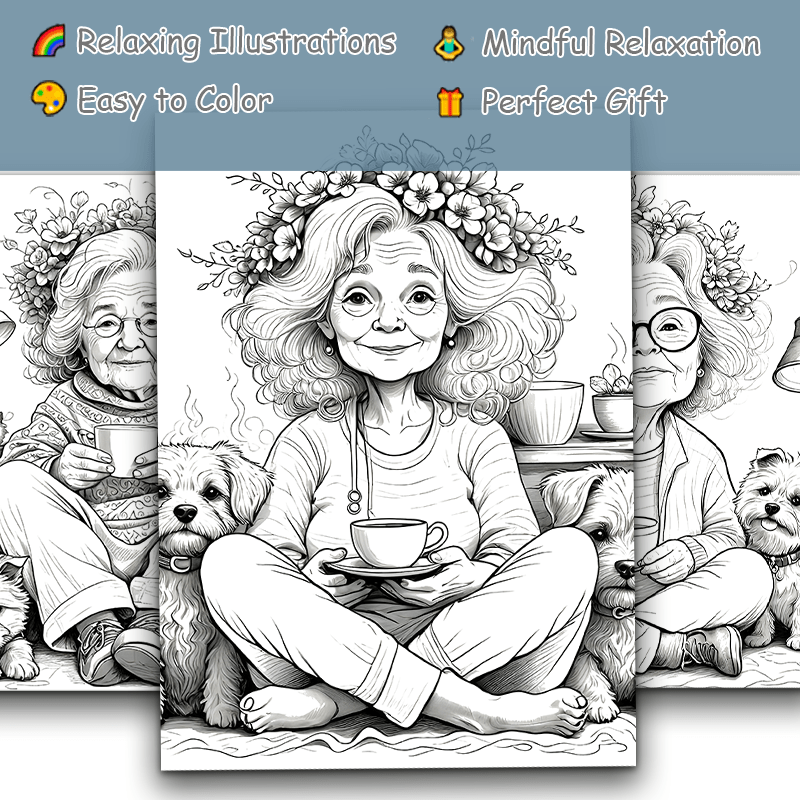 Whimsical Grandma & Dog Adult Coloring Book - Perfect Christmas Gift
