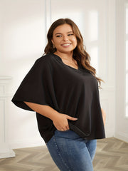 Women's Plus Solid V Neck Bat Sleeve T shirt