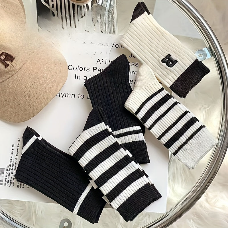5 Pairs Striped Crew Socks Breathable Mid Tube Stockings