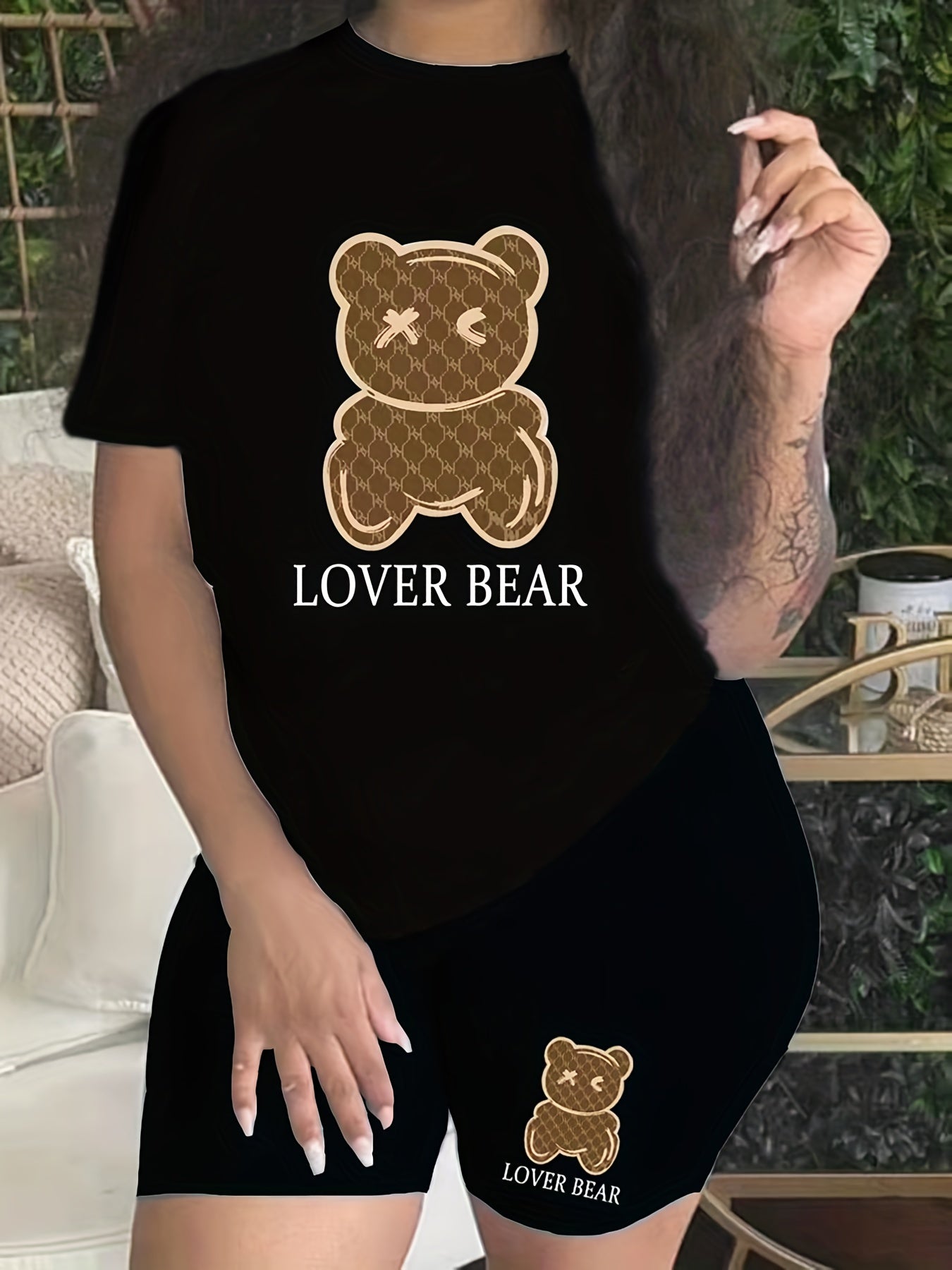 Lover Bear Print Two piece Set Short Sleeve Crew Neck T Shirt & Shorts