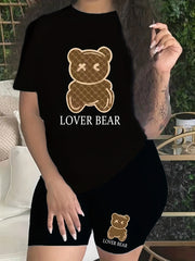 Lover Bear Print Two piece Set Short Sleeve Crew Neck T Shirt & Shorts