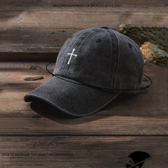 Cross Printed Baseball Cap Unisex Washed Distressed Casual Sun Hat