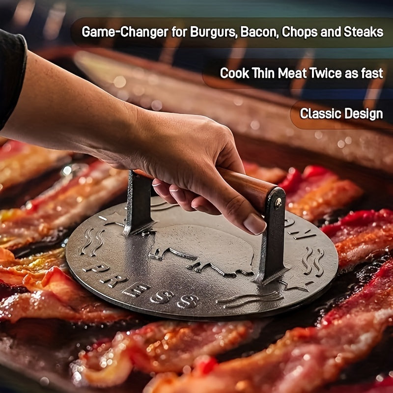 Cast Iron Grill Press with Wooden Handle