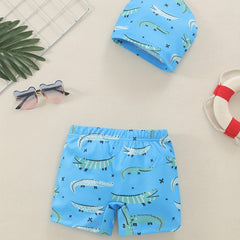 Boys Crocodile Print Swim Trunks & Cap Set for Beach Vacation