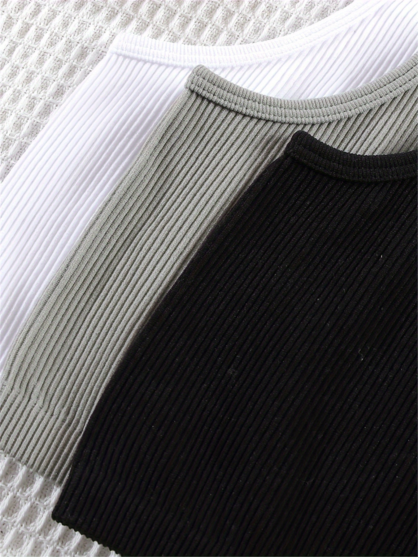 3pcs Solid Ribbed Lounge Tops Crew Neck Tank Top